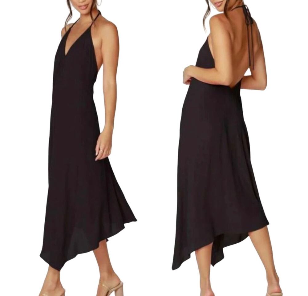 bobi Los Angeles Low Back Halter Luxe Crepe Dress Black Size L NWT